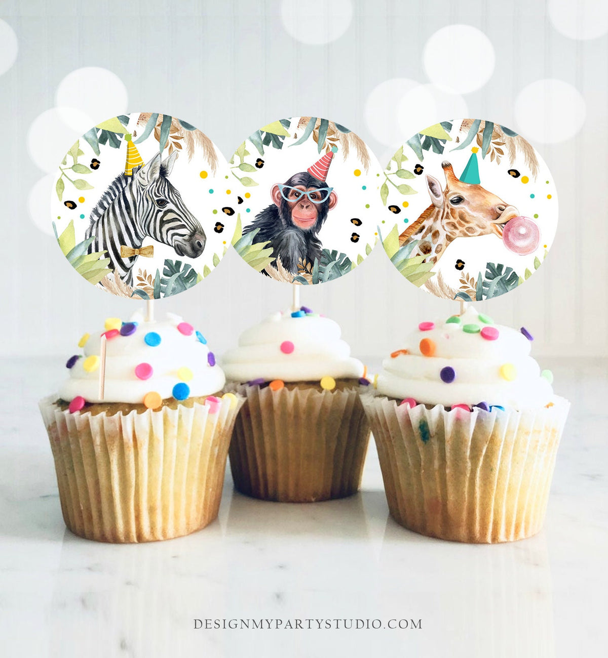 Party Animals Cupcake Toppers Favor Tag Birthday Party Decoration Safari Animals Zoo Birthday Wild One Digital Download Printable 0417