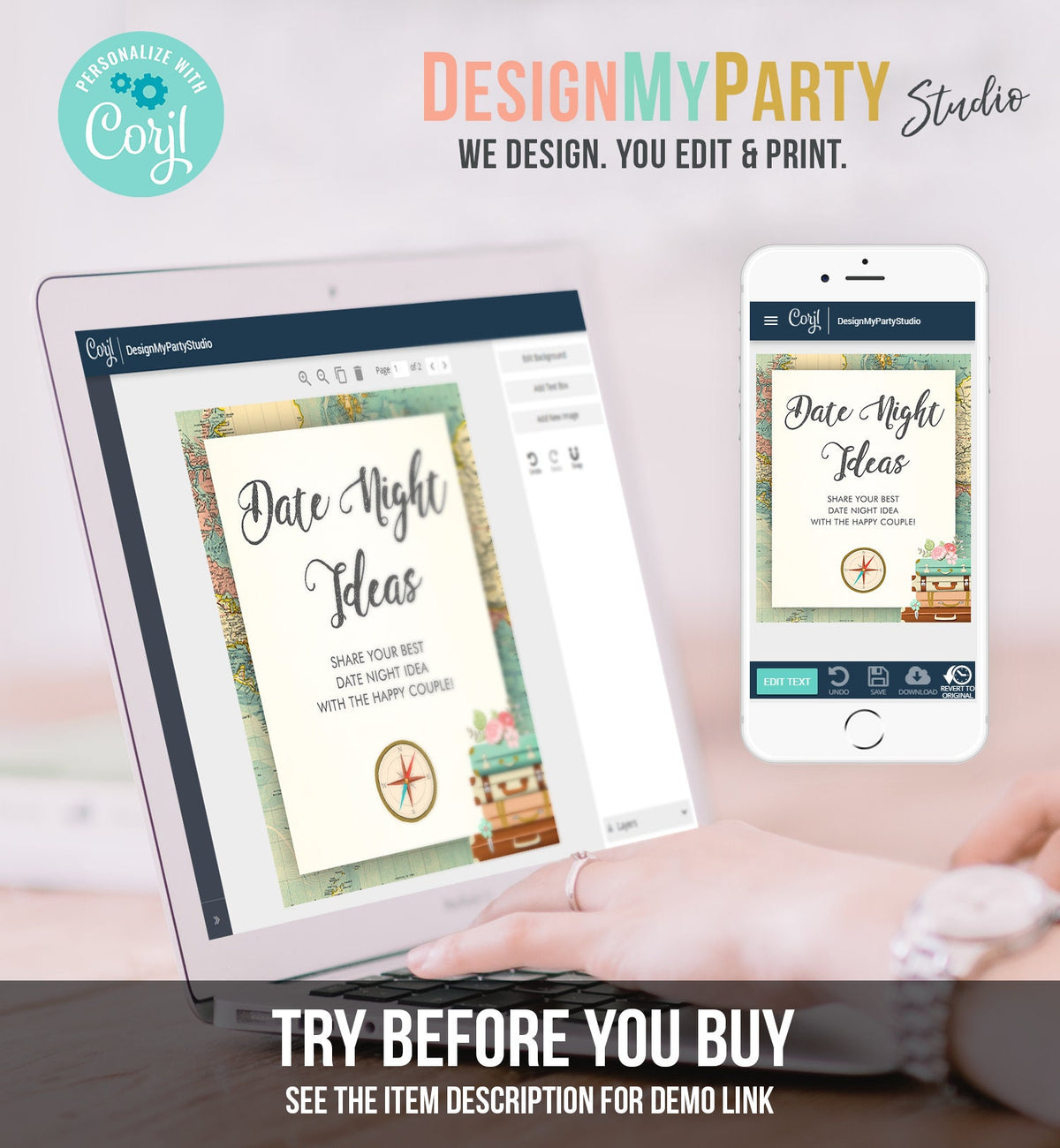 Editable Date Night Ideas Bridal Shower Game Travel Adventure Floral Greenery Gold Date Jar Sign Digital Download Template Printable 0044