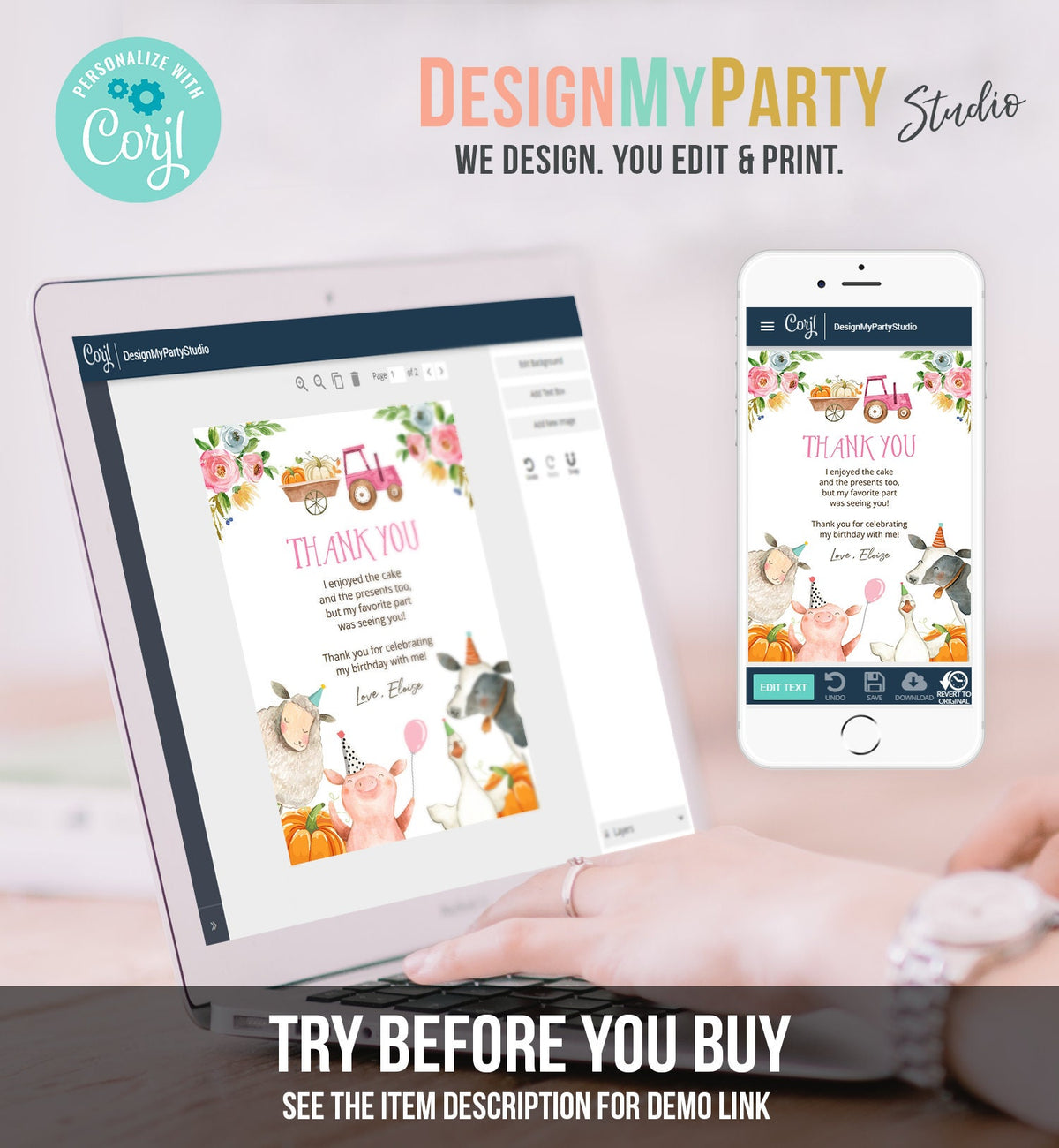 Editable Farm Animals Thank You Card Pumpkin Pink Gingham Farm Birthday Girl Barnyard Thank You Fall Autumn Corjl Template Printable 0155