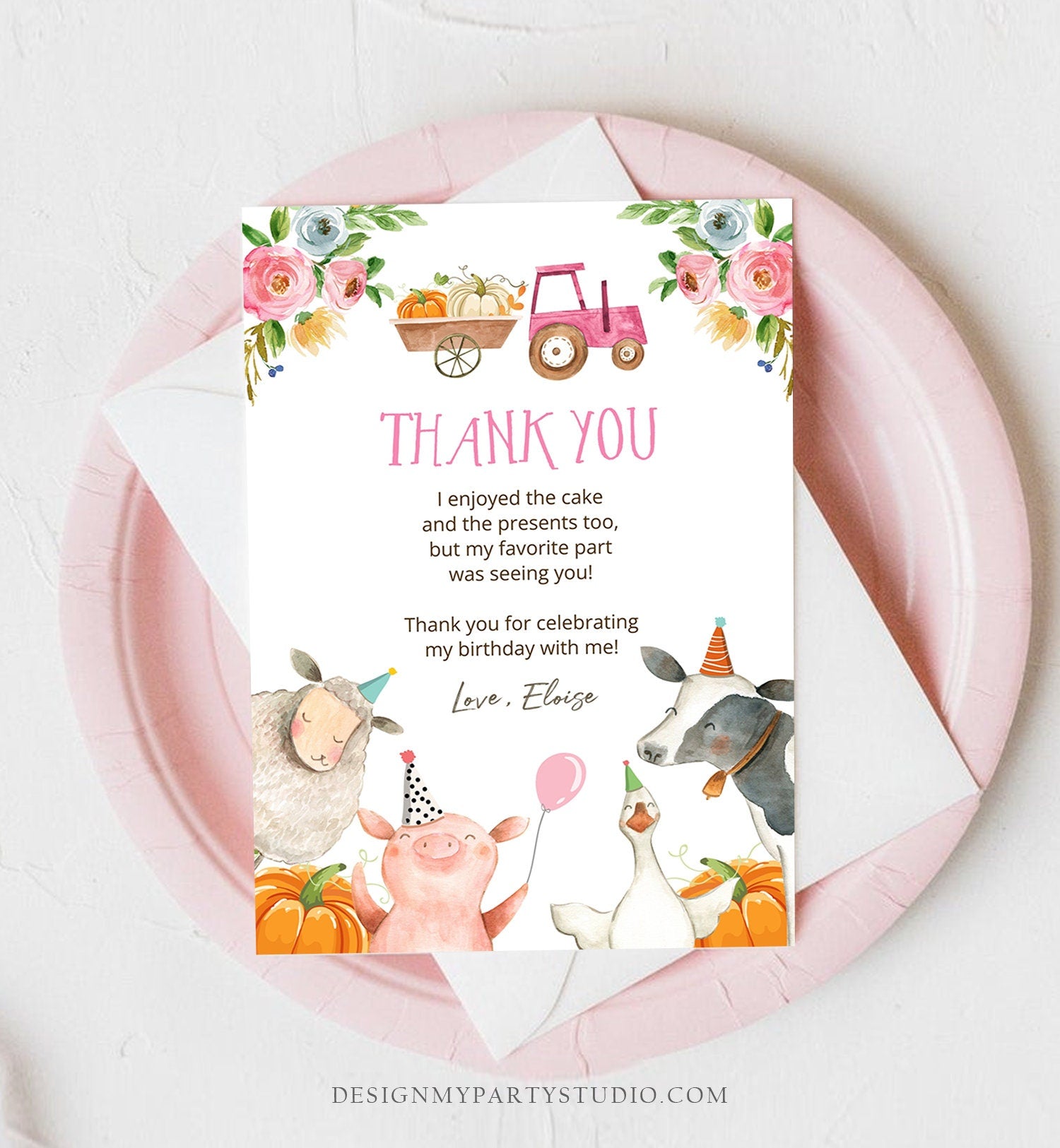 Editable Farm Animals Thank You Card Pumpkin Pink Gingham Farm Birthday Girl Barnyard Thank You Fall Autumn Corjl Template Printable 0155