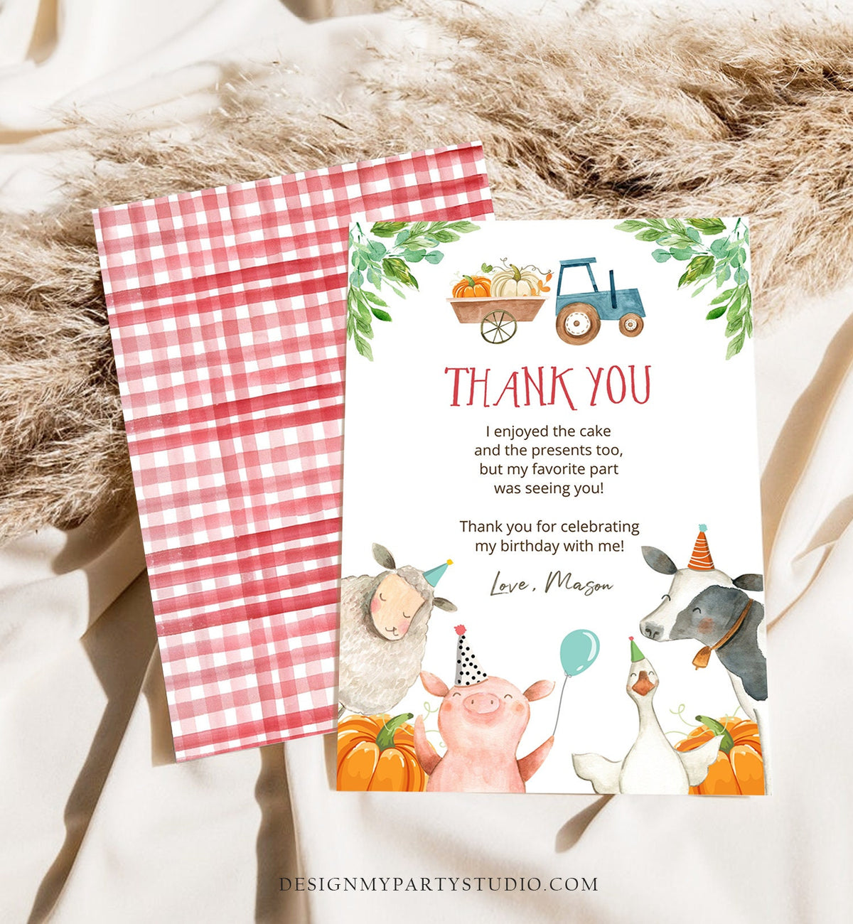 Editable Farm Animals Thank You Card Pumpkin Boy Red Gingham Farm Birthday Barnyard Thank You Fall Autumn Digital Template Printable 0155