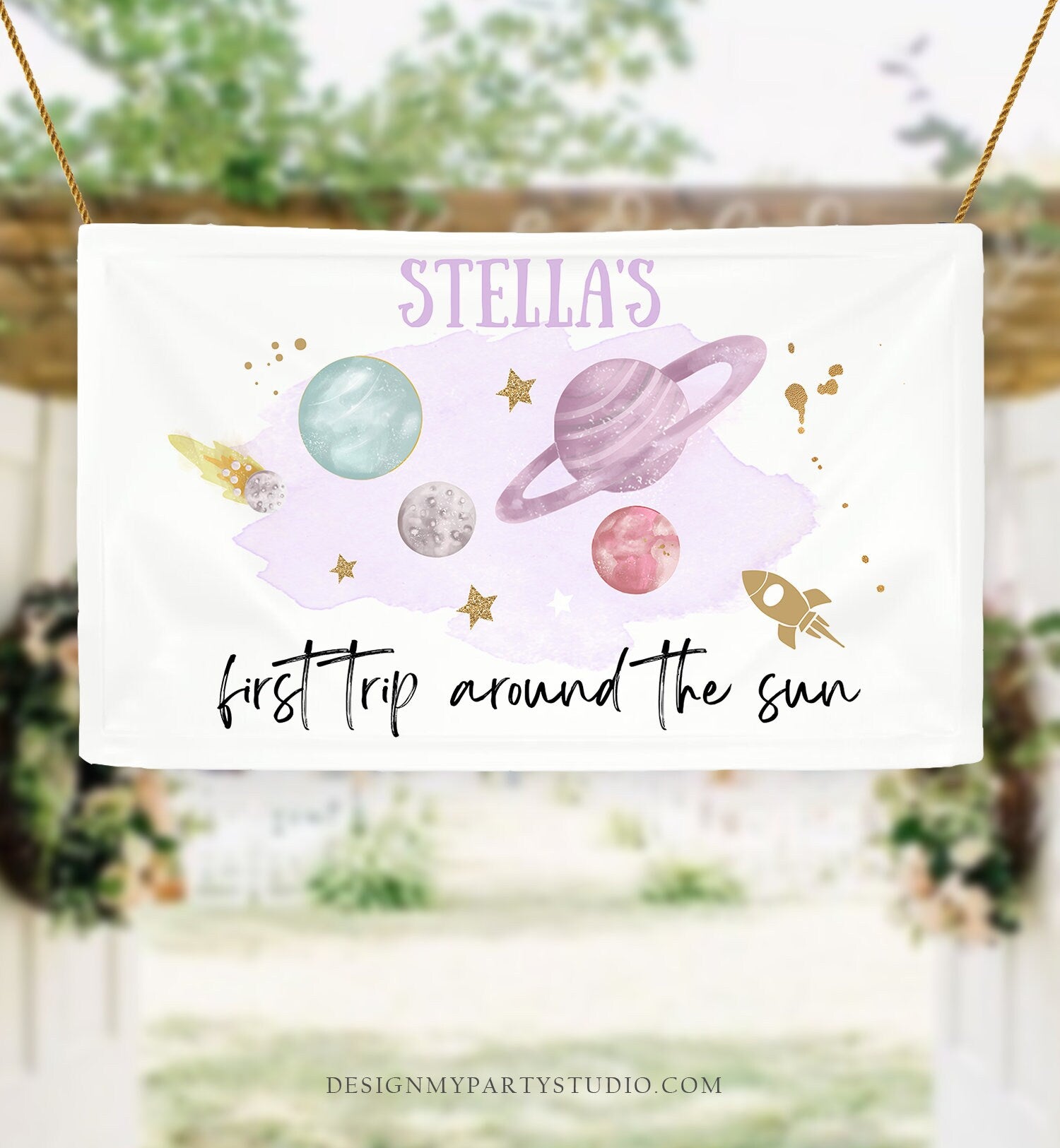 Editable Outer Space Backdrop Banner Space Birthday Girl First Trip Around the Sun Galaxy Planets Download Corjl Template Printable 0357