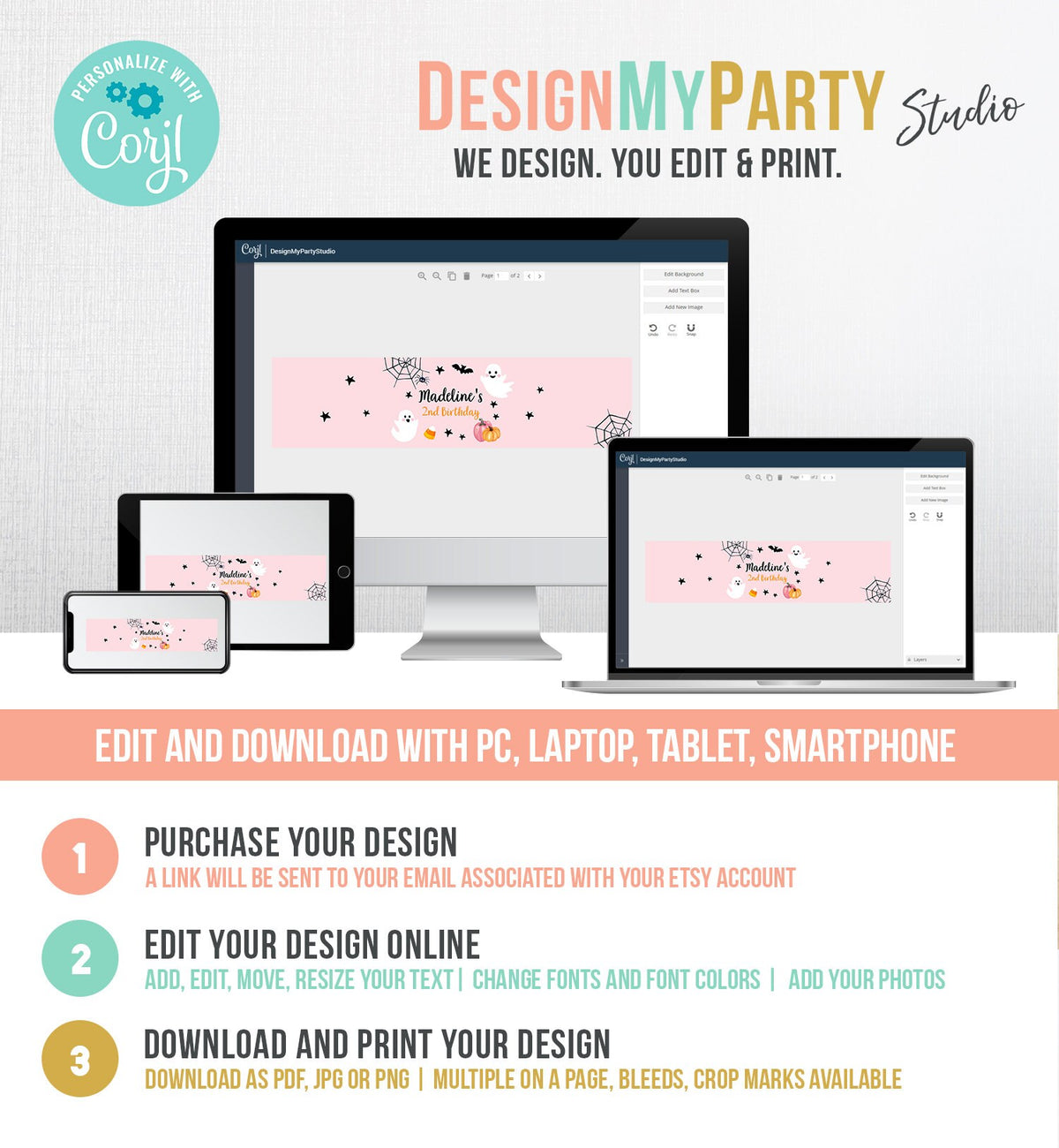 Editable Halloween Water Bottle Labels Pink Ghost Birthday Party Girl Halloween Party Boo Spooky Digital Download Template Printable 0418