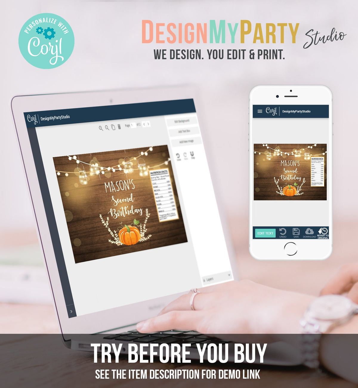 Editable Pumpkin Chip Bag Little Pumpkin Boy Orange Pumpkin Fall Party Decor Autumn String Lights Snack Favors Digital Corjl Template 0015