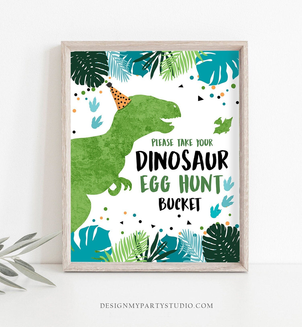 Dinosaur Egg Hunt Bucket Sign Table Decor Dino Egg Sign Prehistoric Party Boy Green Gold Favor Table Jungle Party Sign T-Rex Printable 0389