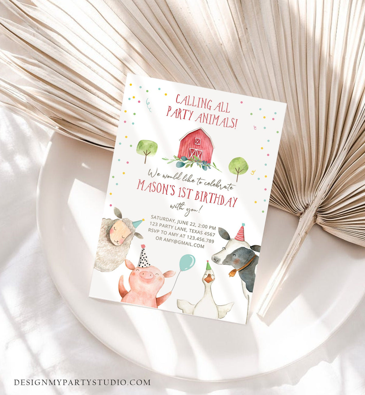 Editable Farm Animals Birthday Invitation Boy Farm Barnyard First Birthday Party Animals Confetti Download Corjl Template Printable 0155