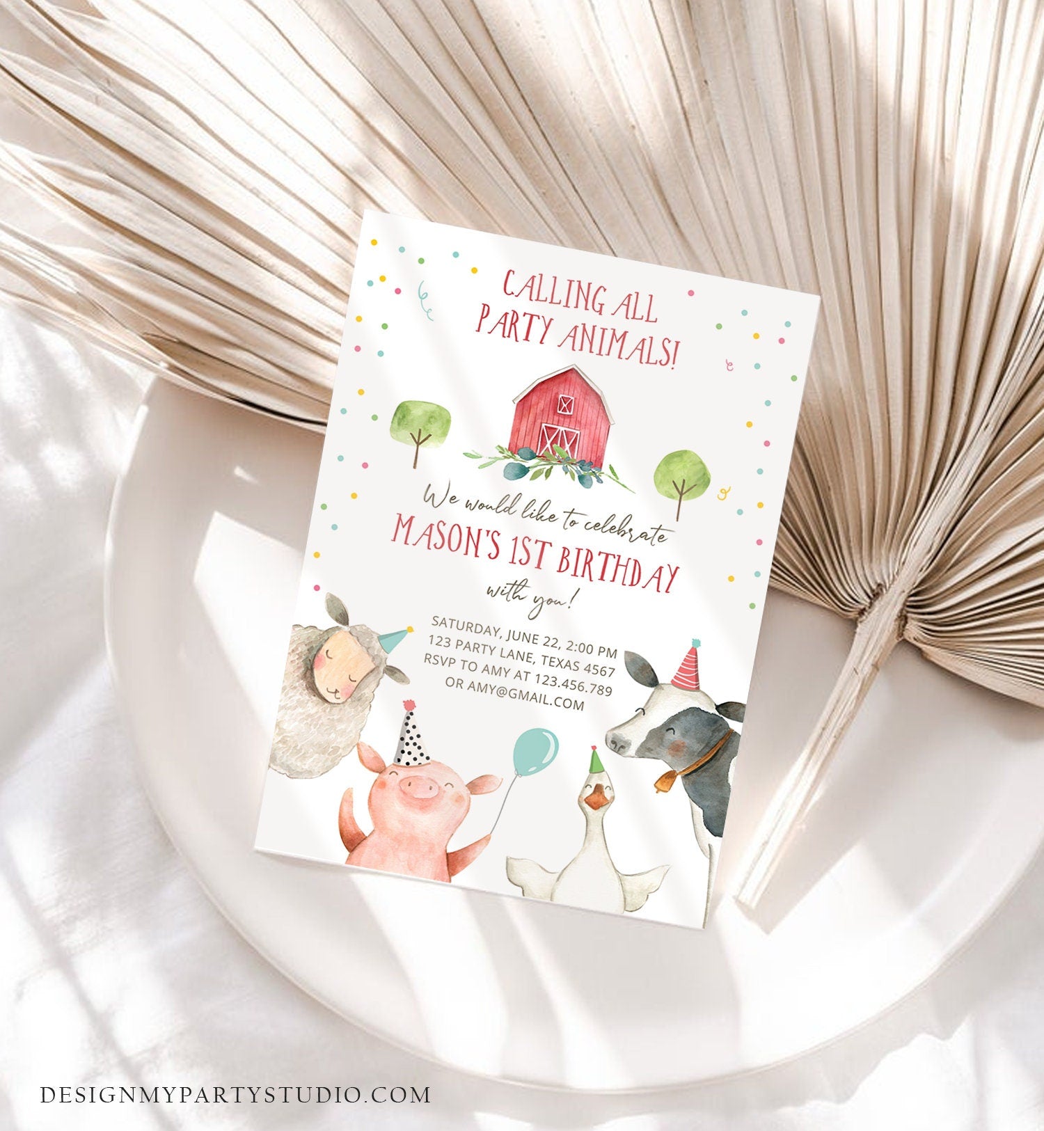 Editable Farm Animals Birthday Invitation Boy Farm Barnyard First Birthday Party Animals Confetti Download Corjl Template Printable 0155