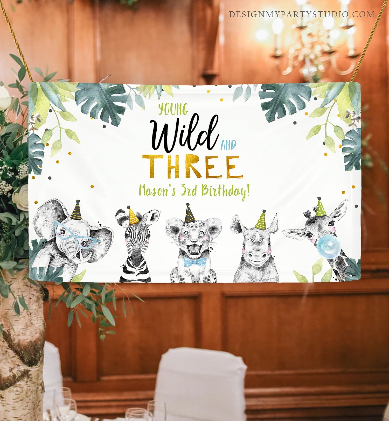 Editable Party Animals Birthday Backdrop Banner Safari Animals Boy Young Wild and Three Welcome Sign Gold Blue Corjl Template Printable 0322