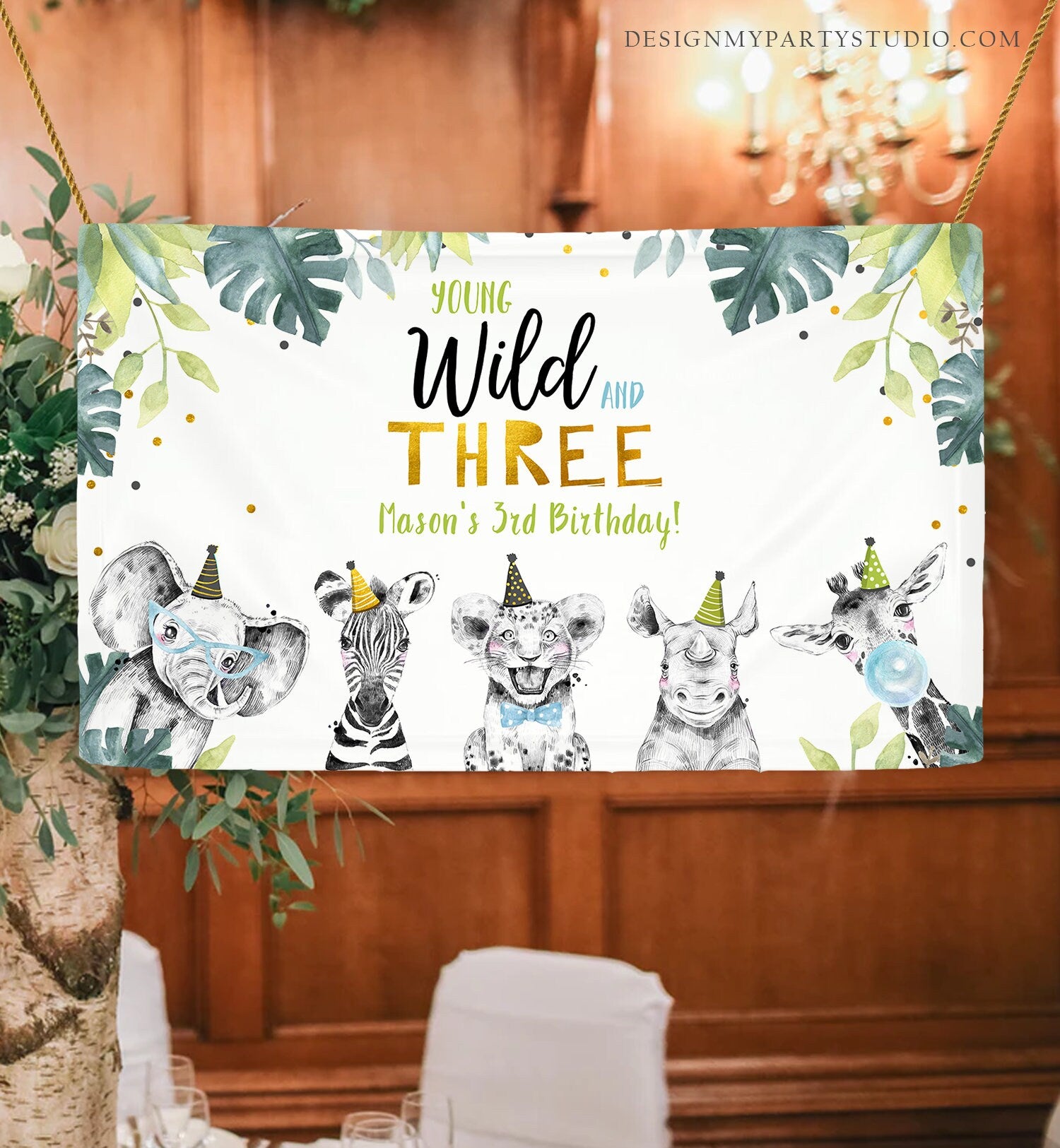Editable Party Animals Birthday Backdrop Banner Safari Animals Boy Young Wild and Three Welcome Sign Blue Digital Template Printable 0322