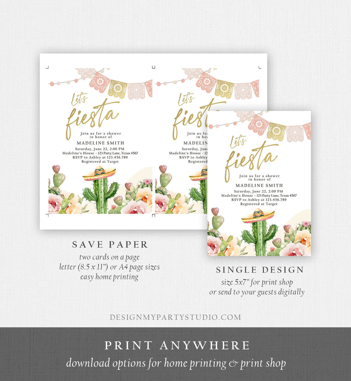 Editable Fiesta Bridal Shower Invitation Couples Shower Mexican Cactus Succulent Boho Desert Floral Printable Invitation Template Corjl 0419