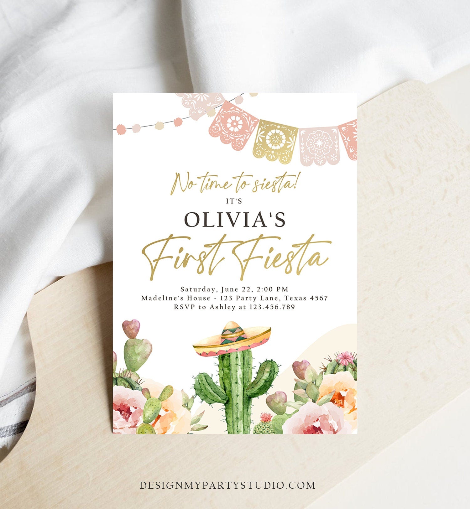 Editable Fiesta Invitation First Fiesta Birthday Boho Mexican Cactus Succulent Desert Floral Girl Printable Invitation Template Corjl 0419
