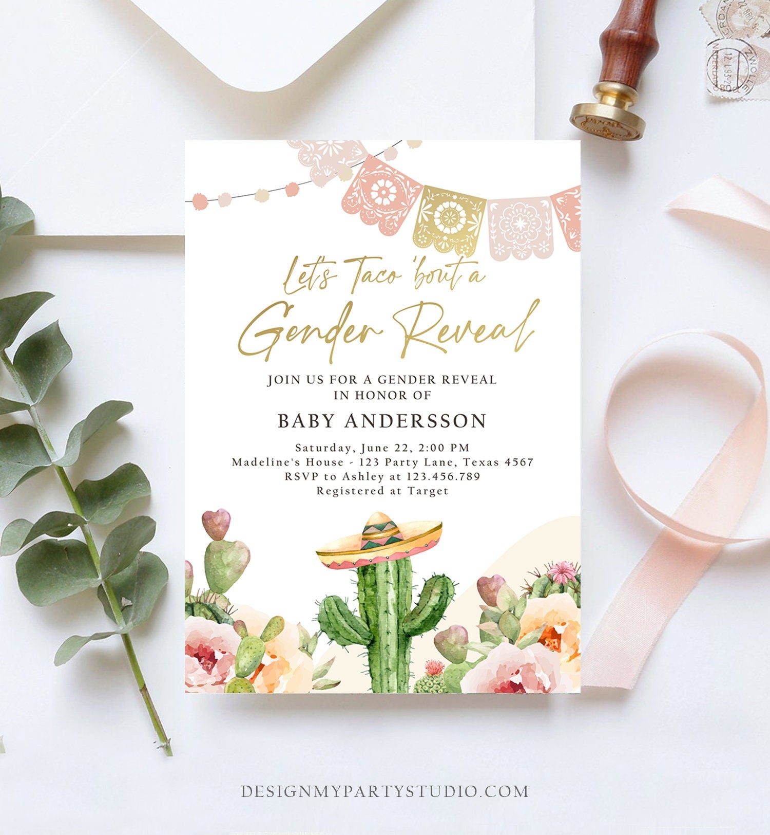 Editable Let's Taco Bout a Gender Reveal Party Invitation Cactus Mexican Fiesta He or She Boy Girl Watercolor Template Corjl Printable 0419