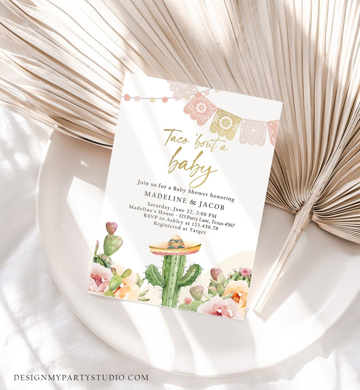 Editable Taco Bout a Baby Shower Invitation Cactus Mexican Fiesta Baby Shower Boho Floral Download Printable Invite Template Corjl 0419
