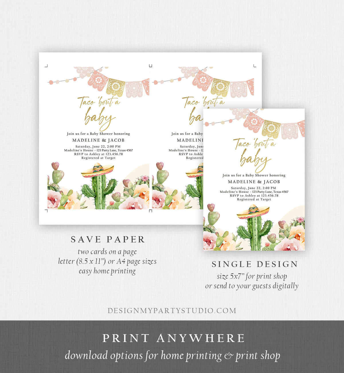 Editable Taco Bout a Baby Shower Invitation Cactus Mexican Fiesta Baby Shower Boho Floral Download Printable Invite Template Corjl 0419