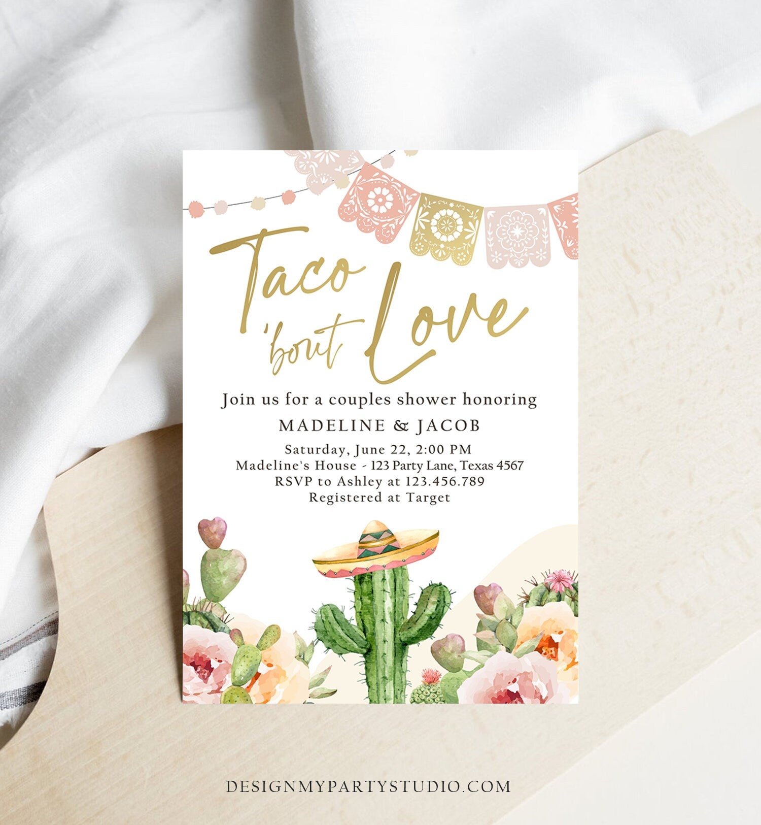 Editable Taco Bout Love Couples Shower Invitation Boho Fiesta Cactus Succulent Mexican Desert Digital Download Corjl Template Printable 0419