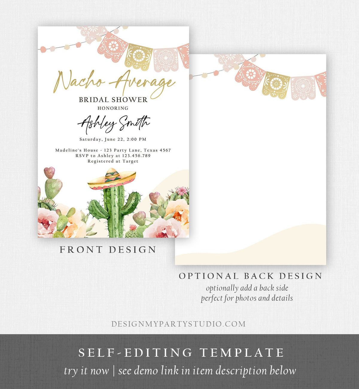 Editable Nacho Average Bridal Shower Invitation Boho Couples Fiesta Mexican Watercolor Cactus Succulent Digital Template Printable 0419