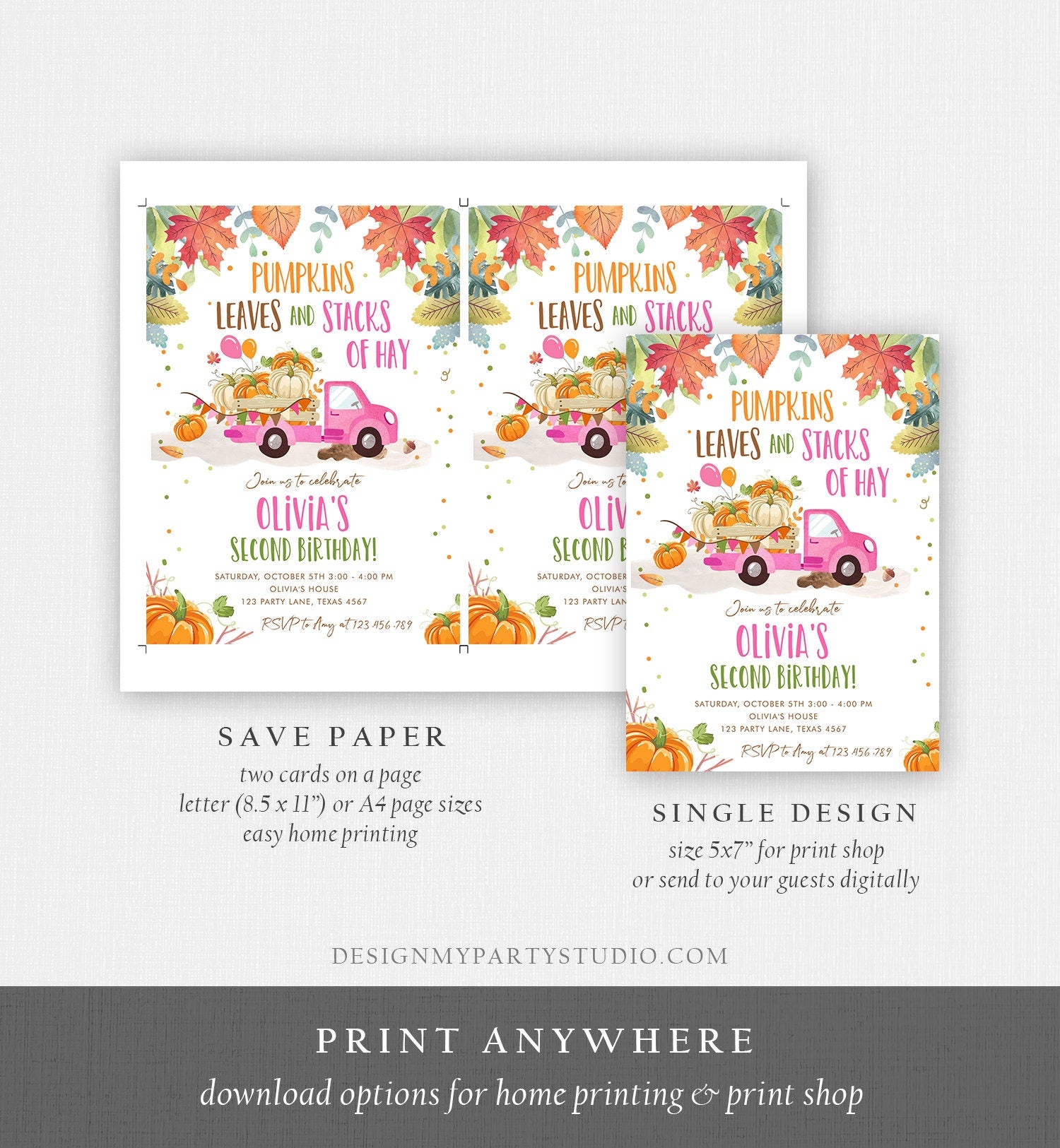 Editable Pumpkin Birthday Invitation Girls Fall Girl Pumpkin Truck Birthday Party Pink Orange Download Printable Invite Template Corjl 0153