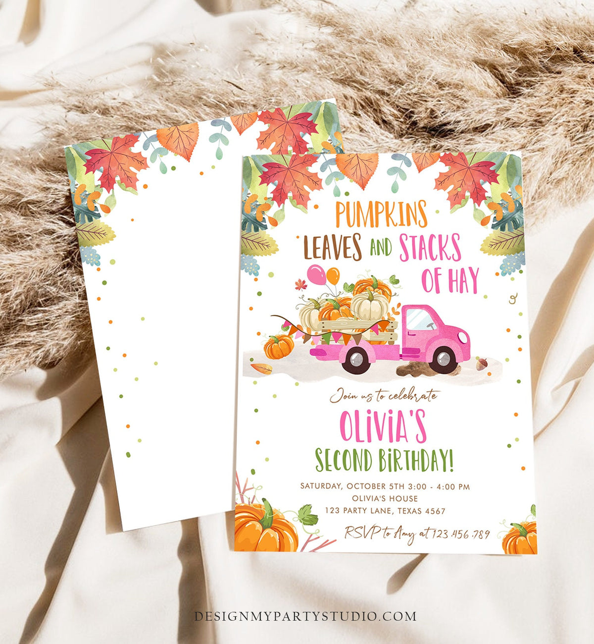 Editable Pumpkin Birthday Invitation Girls Fall Girl Pumpkin Truck Birthday Party Pink Orange Download Printable Invite Template Corjl 0153