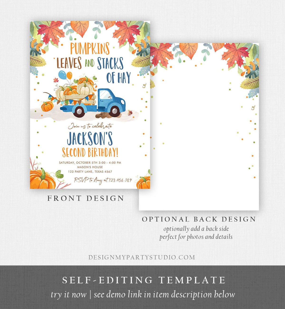 Editable Pumpkin Birthday Invitation Boy Fall Boy Pumpkin Truck Birthday Party Blue Orange Download Printable Invitation Corjl Template 0153