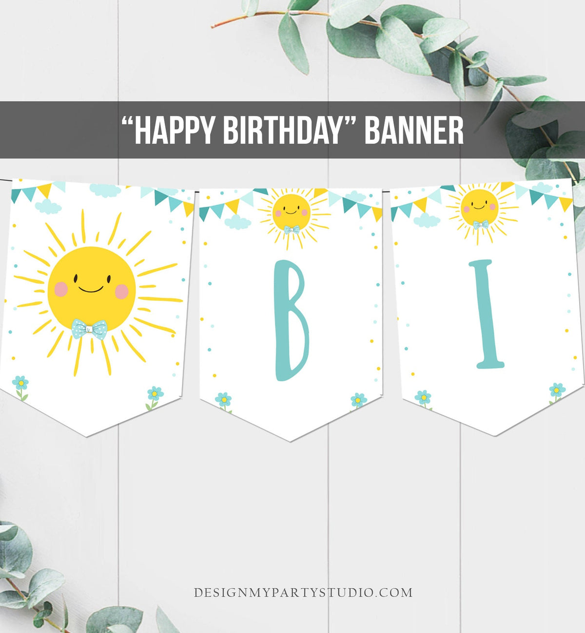 Little Sunshine Happy Birthday Banner Sunshine Banner Birthday Boy Blue Summer Party Decorations Instant download Printable Digital DIY 0141
