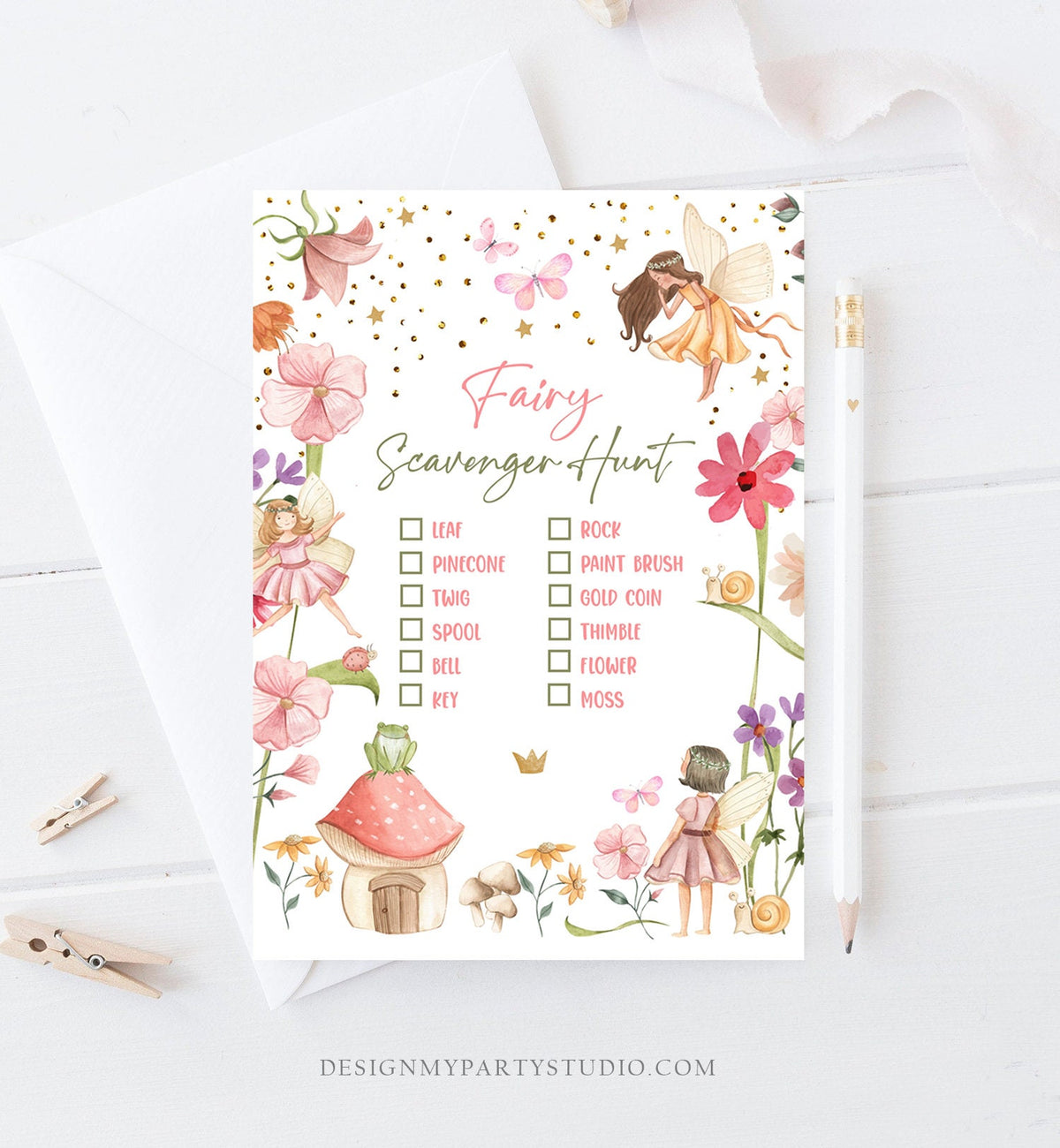 Editable Scavenger Hunt Checklist Game Party Fairy Birthday Activity Whimsical Enchanted Forest Tea Garden Girl Download Corjl Template 0406