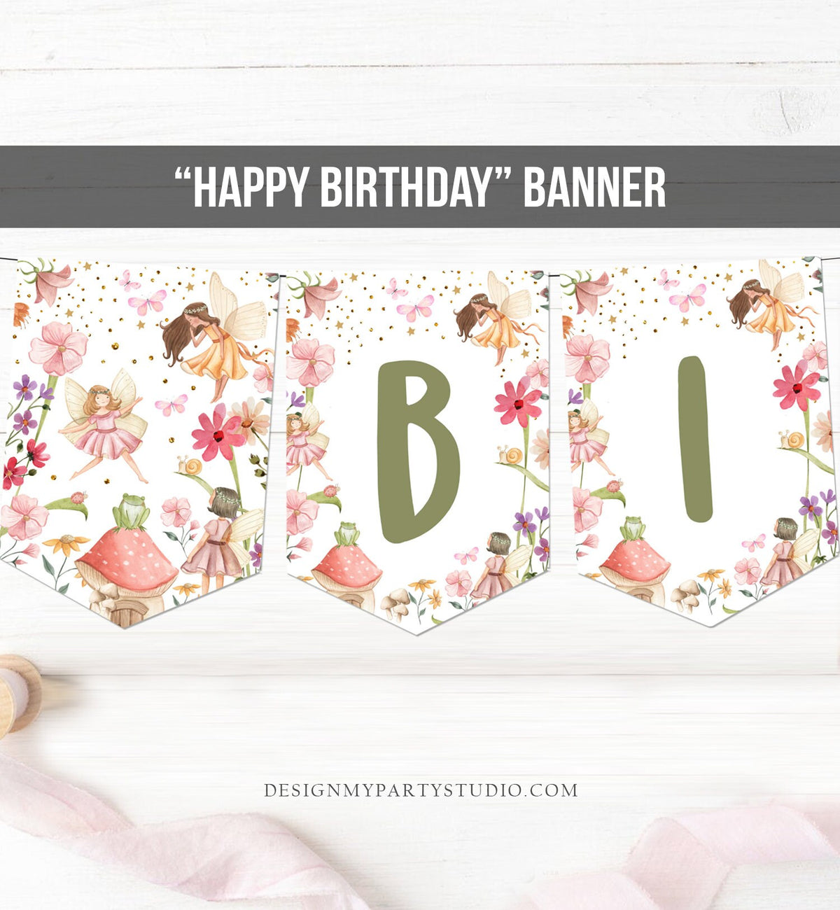 Happy Birthday Banner Fairy Birthday Girl Fairy First Birthday Decorations Fairy Garden Magical Tea Download PRINTABLE DIGITAL DIY 0406