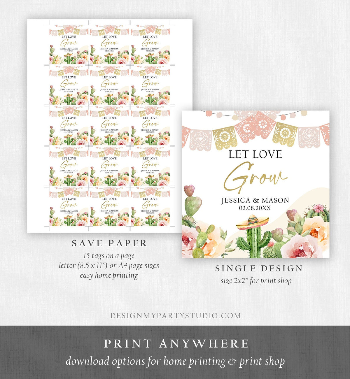 Editable Let Love Grow Tags Fiesta Cactus Favor Tags Boho Bridal Shower Wedding Succulent Taco Bout Love Digital Template Printable 0419