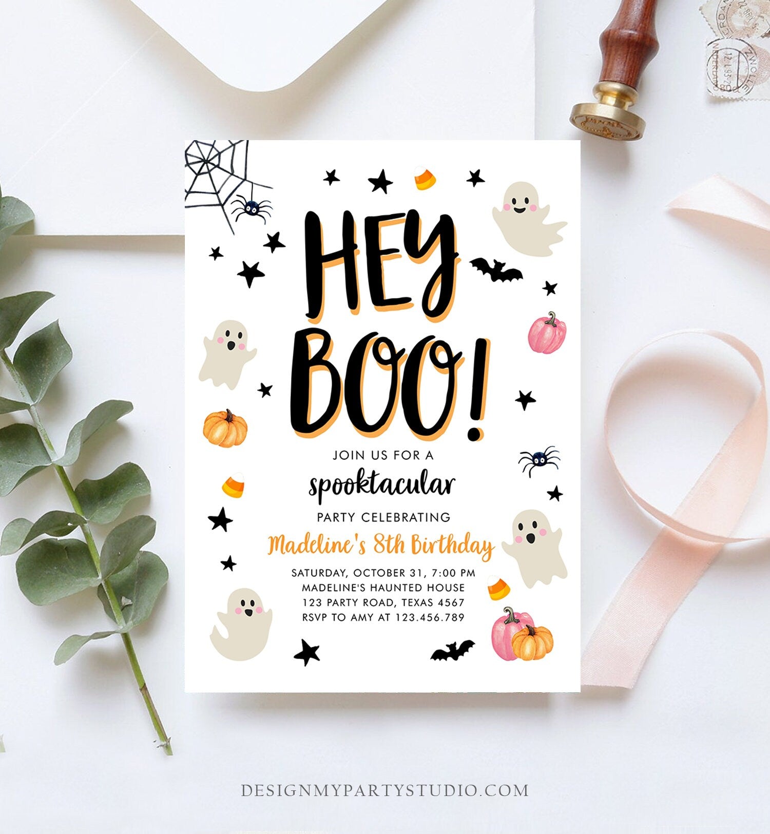 Editable Halloween Birthday Invitation Pink Ghost Costume Party Girl Pink Kids Spooktacular Spooky Digital Download Template Printable 0418