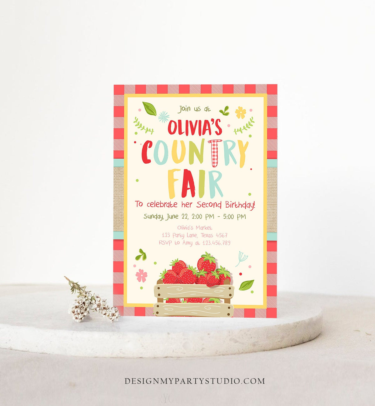 Editable Country Fair invitation Red Gingham Strawberry Home Grown Veggies Farm Fruits Market Download Printable Invite Template Corjl 0223