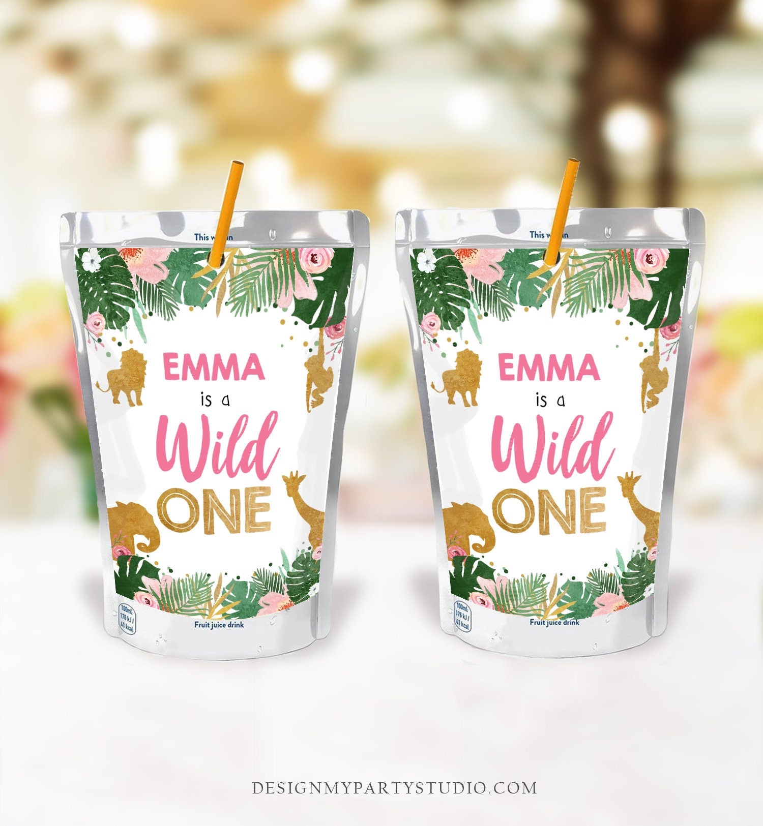 Editable Wild One Safari Animals Capri Sun Labels Juice Pouch Labels Gold Girl First Birthday Party Animals Corjl Template Printable 0016