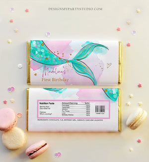 Editable Mermaid Chocolate Bar Wrapper Candy Bar Label Mermaid Tail Girl Pink Under The Sea Favor Download Corjl Template Printable 0403