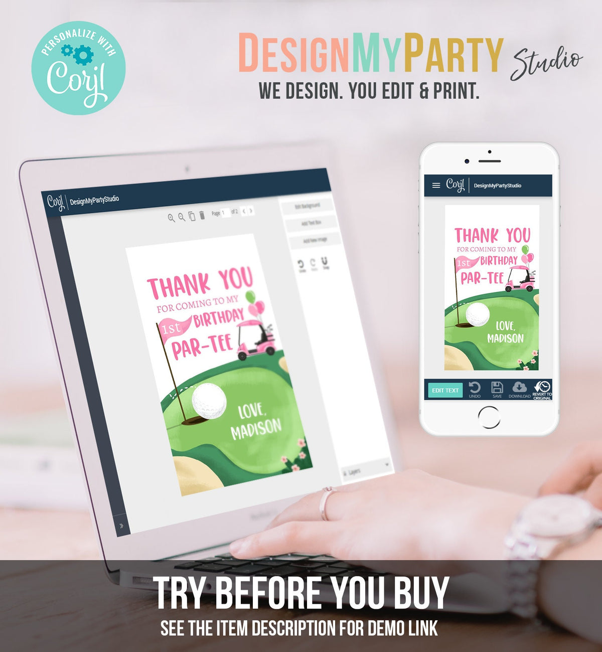 Editable Girl Golf Favor Tags Golf Thank You Par-tee Tags Golfing Birthday Hole in One 1st Birthday Gift Tag Download Corjl Template 0405