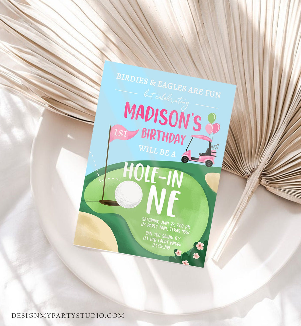 Editable Hole in One Birthday Invitation Golf First Birthday Par-tee Golf Invite Girl Golfing Digital Download Evite Template Printable 0405