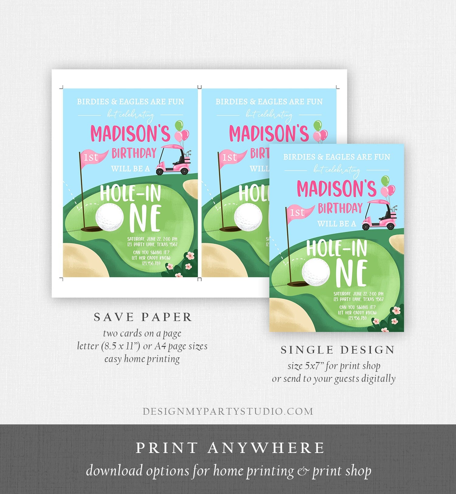 Editable Hole in One Birthday Invitation Golf First Birthday Par-tee Golf Invite Girl Golfing Digital Download Evite Template Printable 0405
