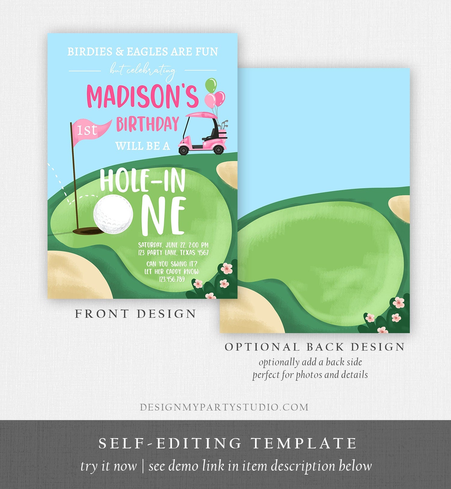 Editable Hole in One Birthday Invitation Golf First Birthday Par-tee Golf Invite Girl Golfing Digital Download Evite Template Printable 0405