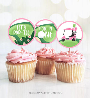 Hole in One Cupcake Toppers Golf Birthday Girl Golf Birthday Par-tee Favor Tags First Birthday Golfing Pink Download Digital PRINTABLE 0405
