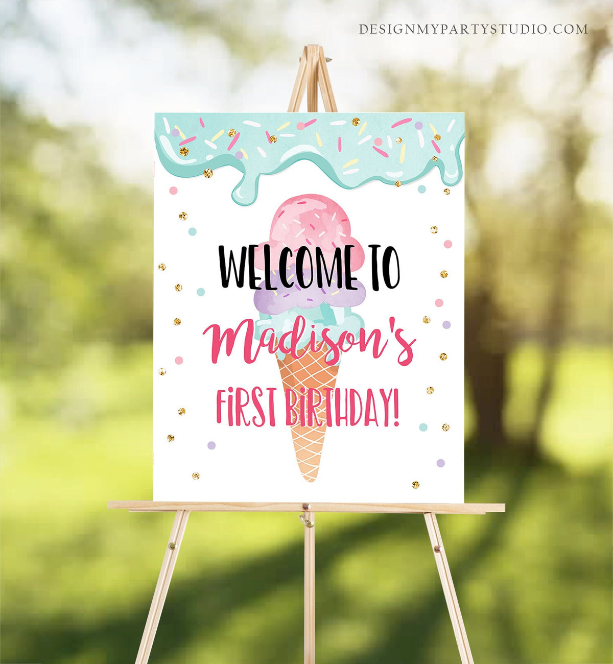 Editable Ice Cream Party Welcome Sign ice Cream Birthday Welcome Ice Cream Welcome Girl Summer Pink Purple Template PRINTABLE Corjl 0243