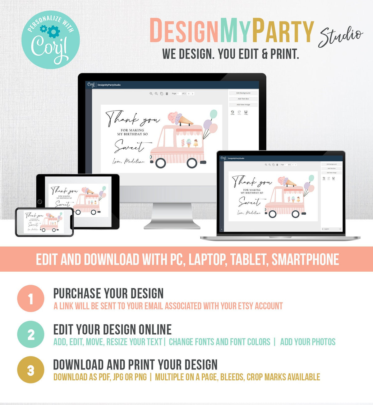 Editable Ice Cream Truck Favor Box Label Gable Gift Box Ice Cream Birthday Sweet One First Girl Treat Box Tag Download Printable Corjl 0415