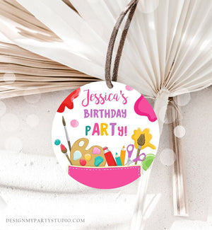 Editable Art Party Favor Tags Painting Party Thank You Tag Sticker Art Birthday Girl Pink Craft Paint Brush Corjl Template Printable 0319