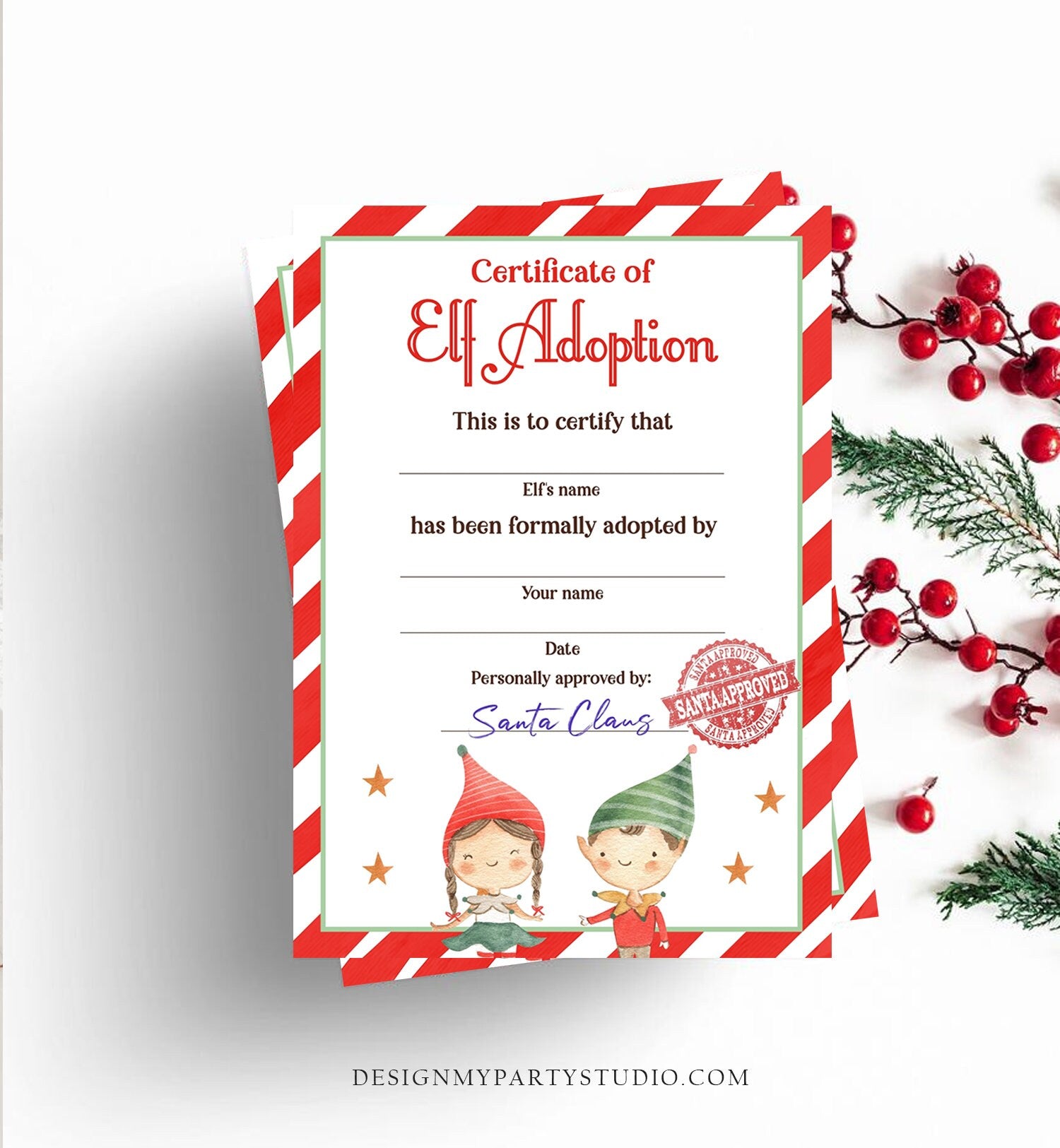 Editable Elf Adoption Certificate Adopt an Elf Letter Elf Activity Christmas Elf Certificate Santa North Pole Corjl Template Printable 0358