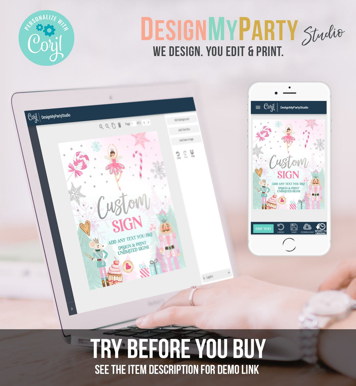 Editable Custom Sign Nutcracker Birthday Decor Land of Sweets Party Sign Sugar Plum Fairy Girl Pink Table Sign Corjl Template PRINTABLE 0352