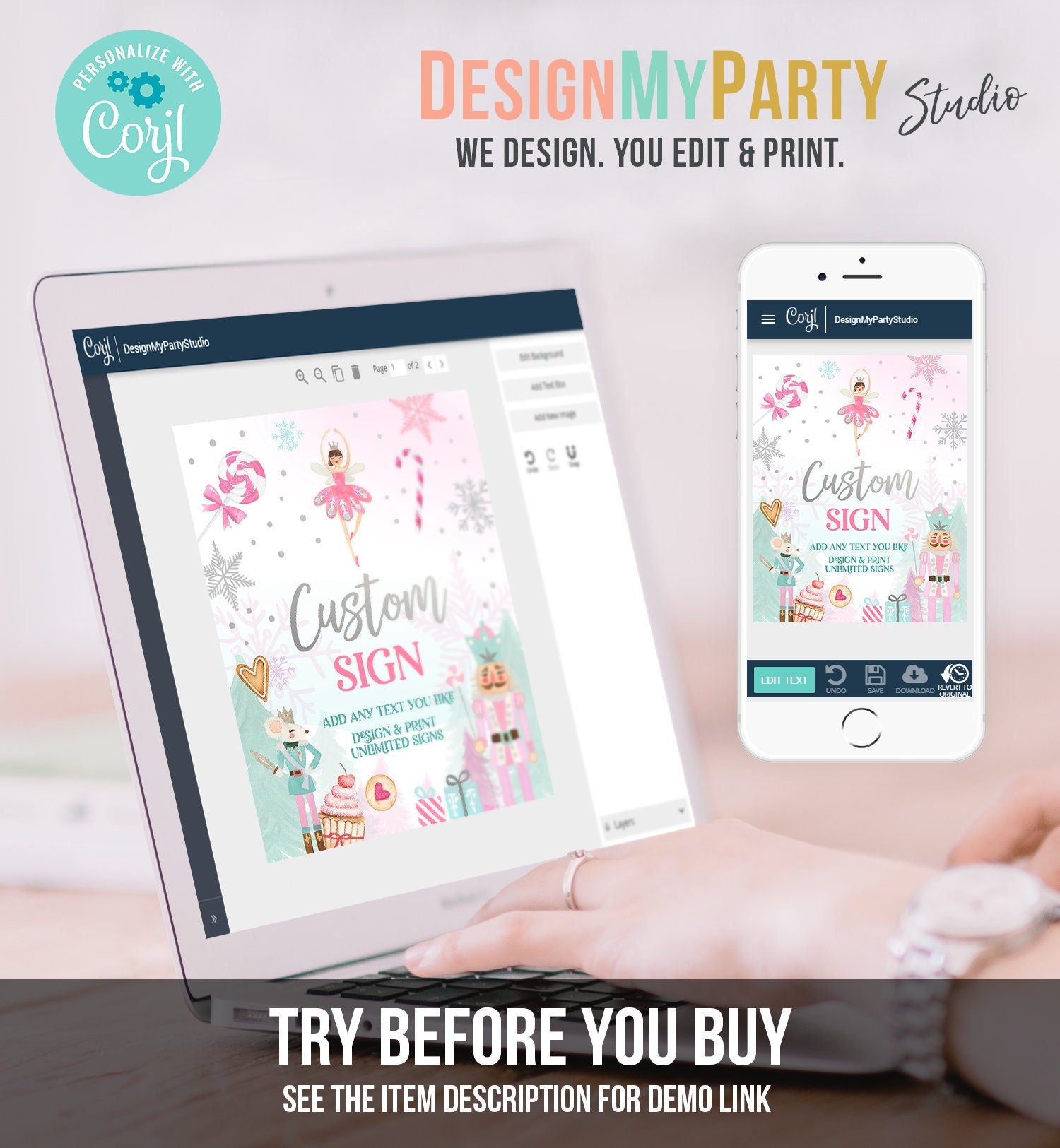 Editable Custom Sign Nutcracker Birthday Decor Land of Sweets Party Sign Sugar Plum Fairy Girl Pink Table Sign Corjl Template PRINTABLE 0352