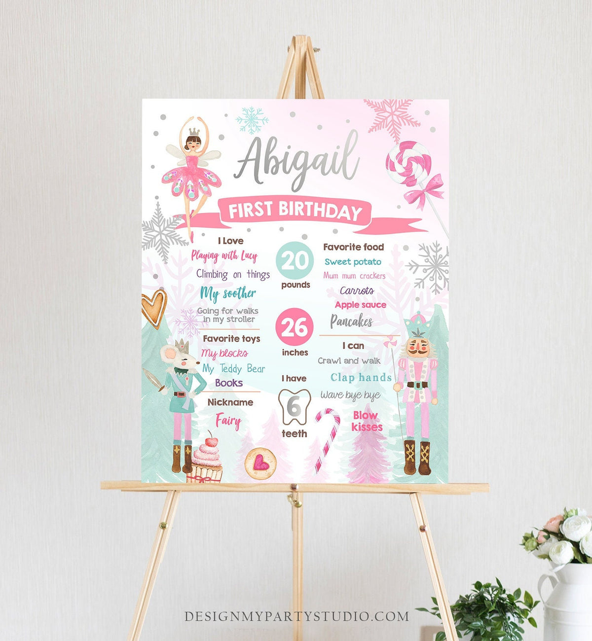 Editable Nutcracker Birthday Milestones Sign Girl First Birthday 1st Birthday Land of Sweets Milestone Board Corjl Template Printable 0352