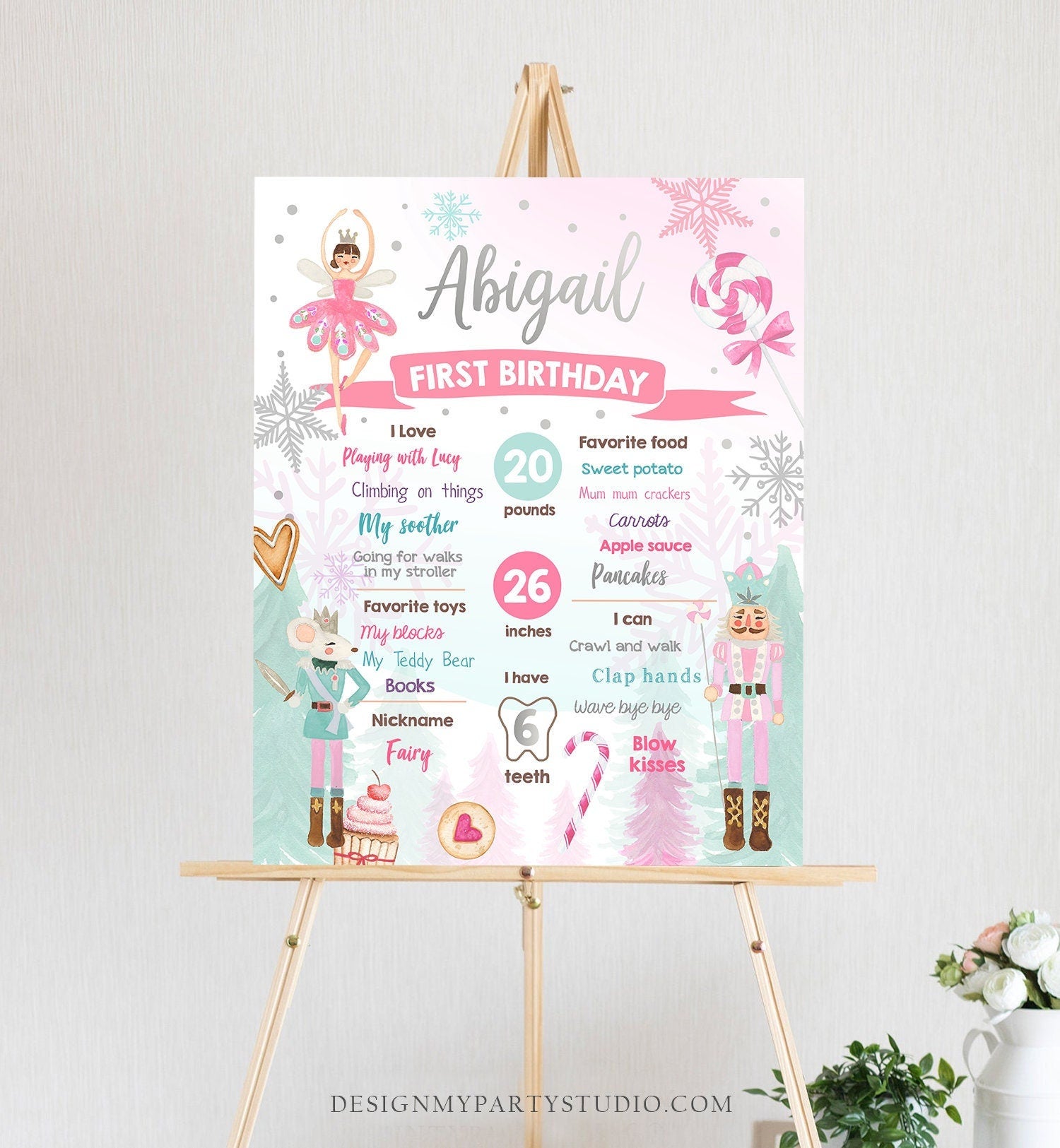 Editable Nutcracker Birthday Milestones Sign Girl First Birthday 1st Birthday Land of Sweets Milestone Board Corjl Template Printable 0352