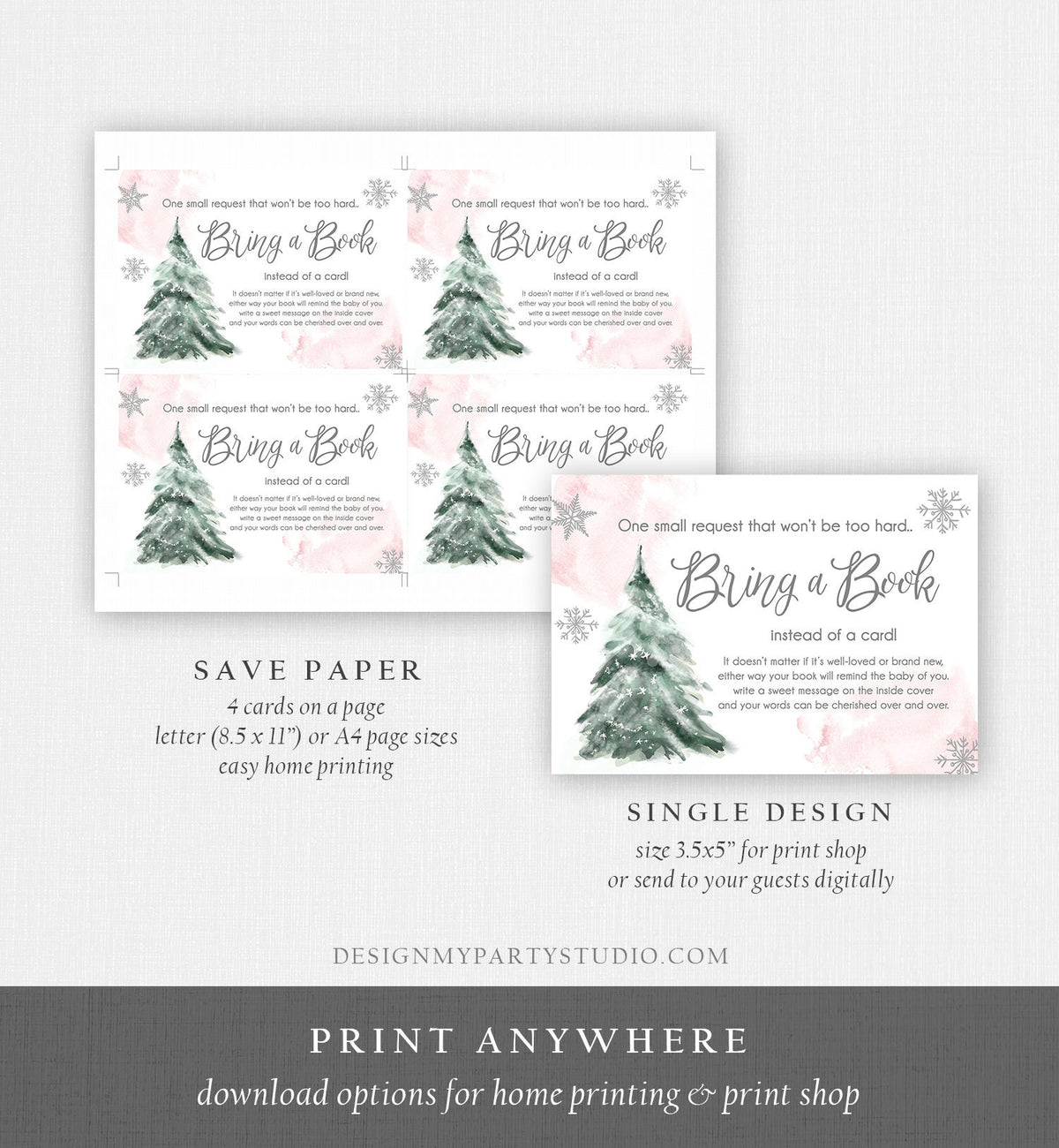 Editable Bring a Book Card Baby It&#39;s Cold Outside Baby Shower Winter Snow Girl Pink Watercolor Books Request Corjl Template Printable 0363