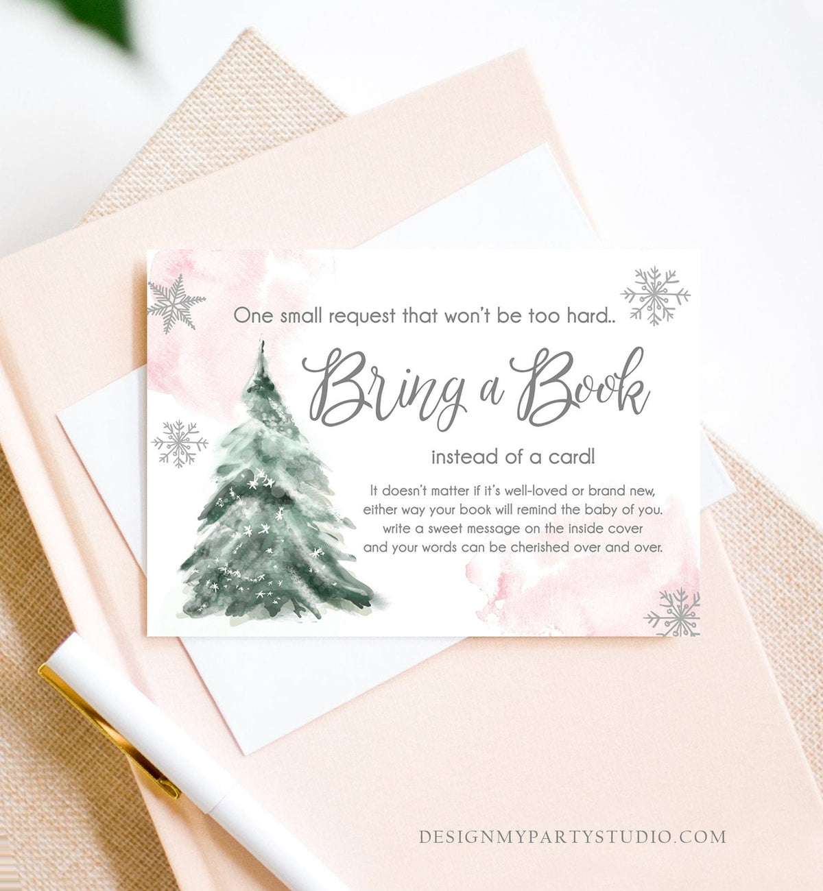 Editable Bring a Book Card Baby It&#39;s Cold Outside Baby Shower Winter Snow Girl Pink Watercolor Books Request Corjl Template Printable 0363