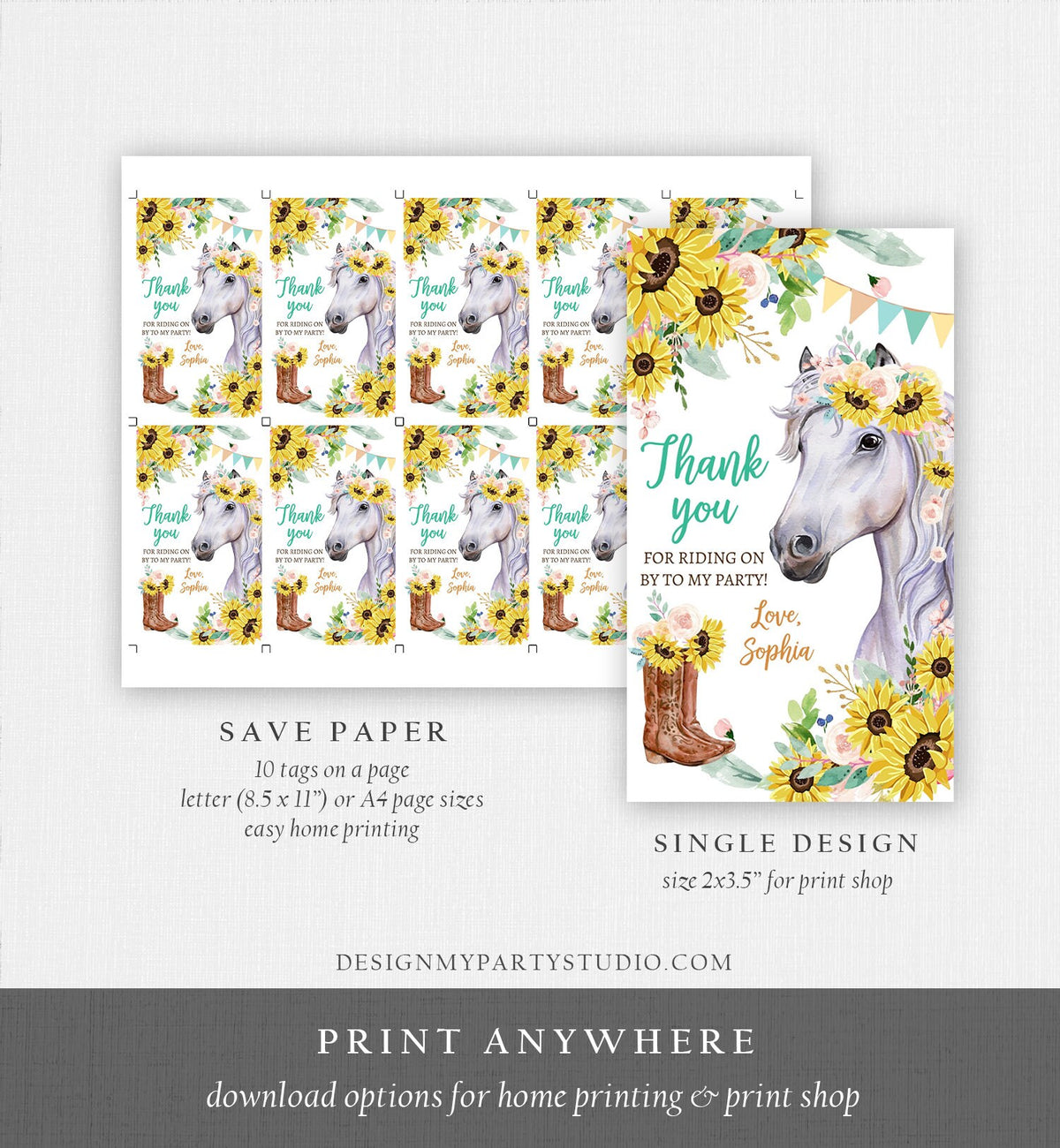 Editable Cowgirl Favor Tags Tags Horse Birthday Party Favor Thank You Girl Horse Party Sunflowers Digital Download Template Printable 0408
