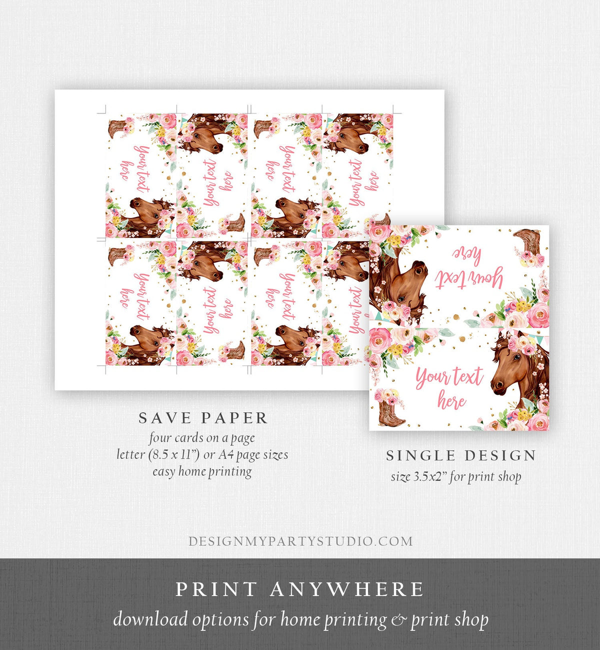 Editable Horse Birthday Food Tent Cards Horse Labels Cowgirl Party Place Cards Girl Pink Floral Pony Saddle Up Printable Template 0408