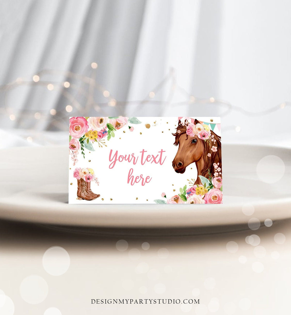 Editable Horse Birthday Food Tent Cards Horse Labels Cowgirl Party Place Cards Girl Pink Floral Pony Saddle Up Printable Template 0408