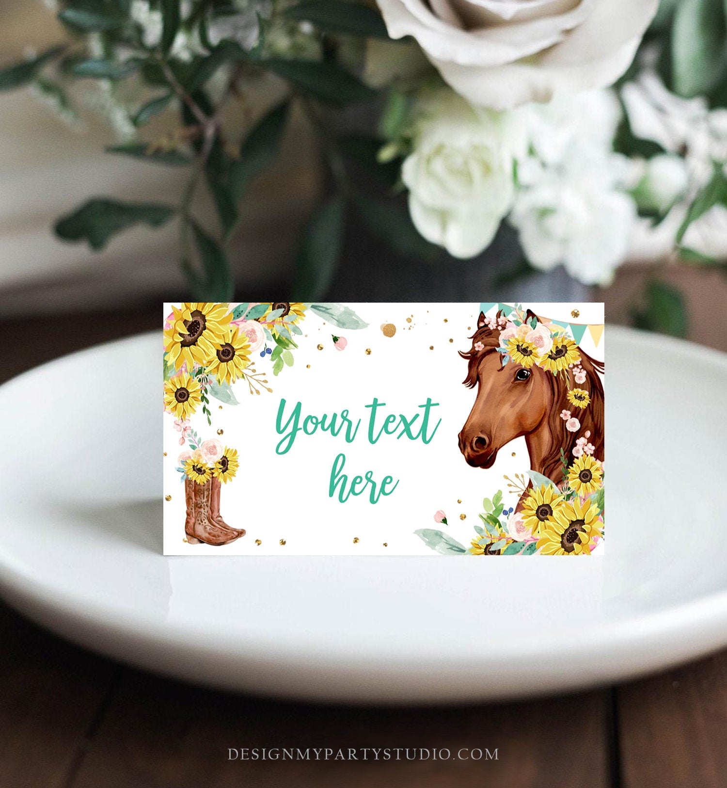 Editable Horse Birthday Food Tent Cards Horse Labels Cowgirl Party Place Card Girl Sunflowers Pony Saddle Up Digital Template Printable 0408
